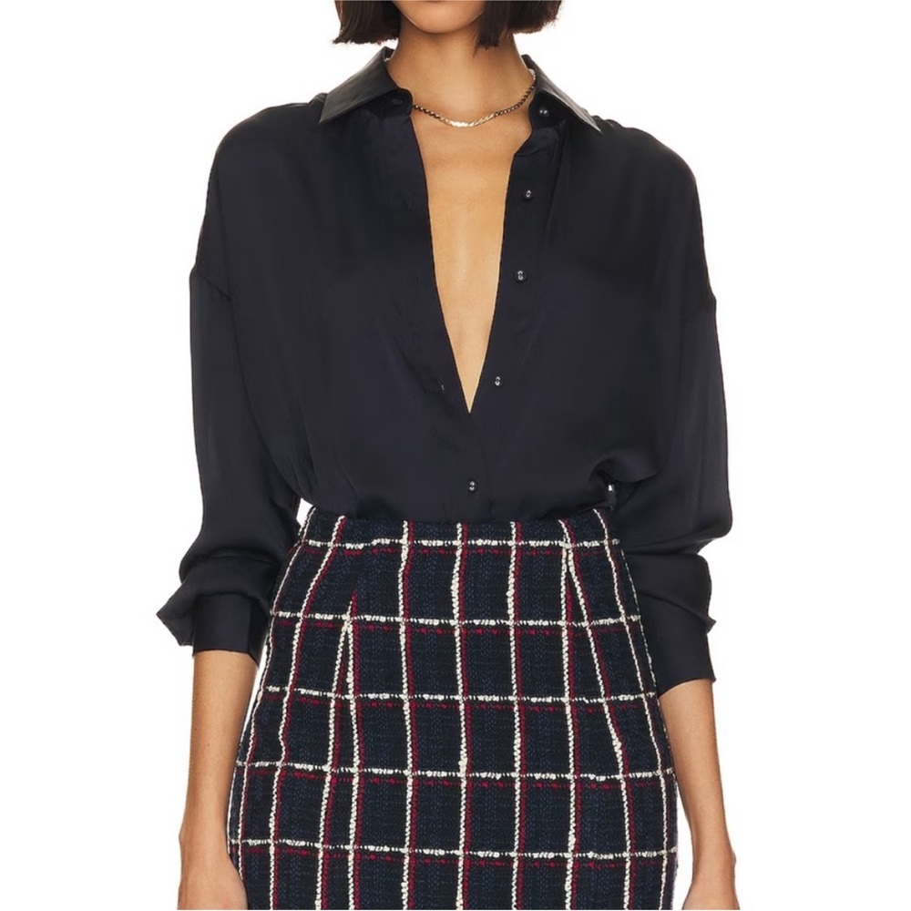 NWT Favorite Daughter Navy Satin Button-Front Women's Blouse